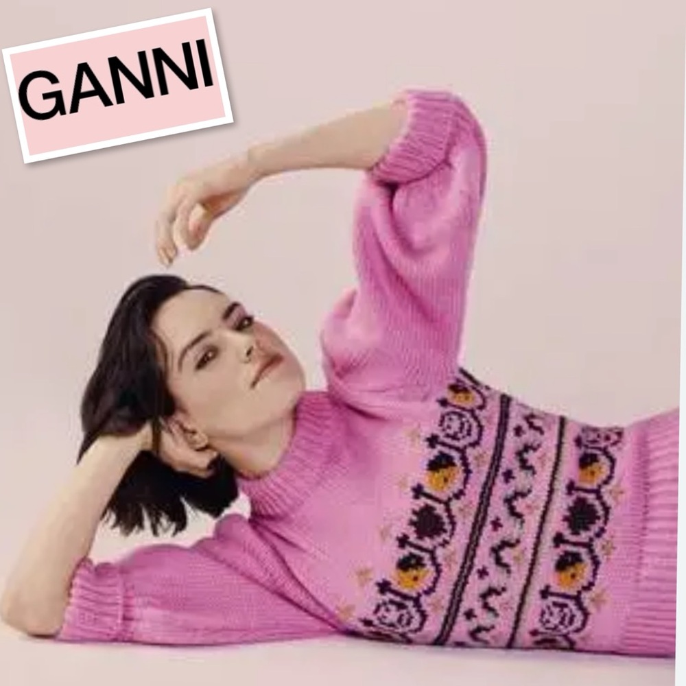 GANNI Intarsia-Knitted Wool-Blend Hand Knit In Italy Sweater Pullover Pink Sz S